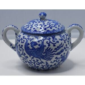 Vintage Blue & White Phoenix Fine Porcelain Sugar Lidded Bowl Japan